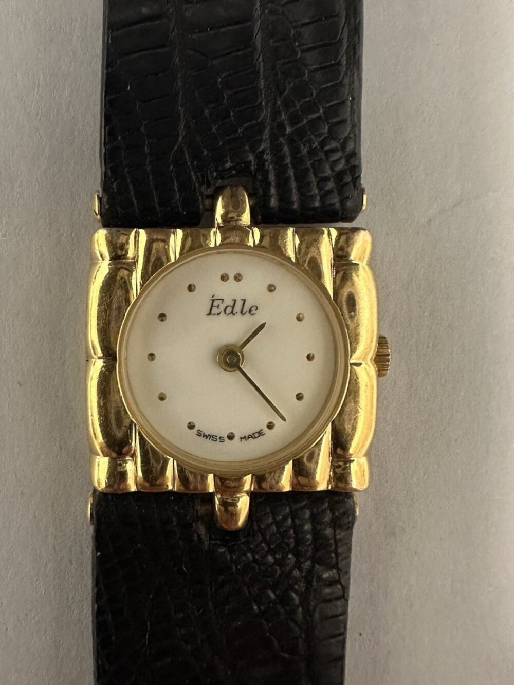 Vintage Edle Watch Women Gold Tone Square Dial Black Leather Band New Battery